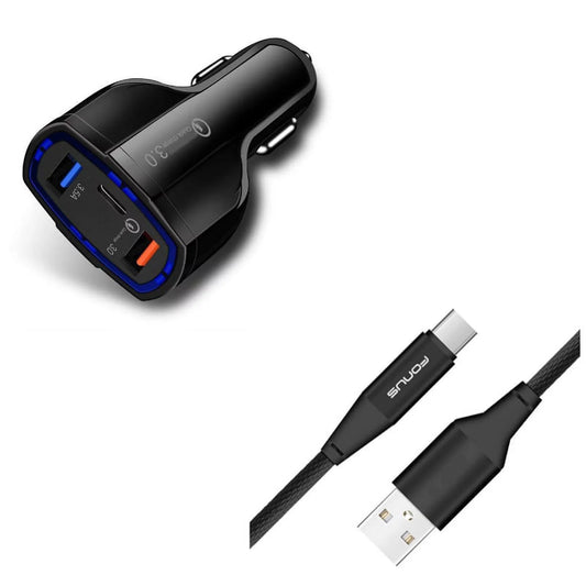 3-Port USB 48W Quick Car Charger w Charger Cord Type-C 6ft USB Cable R4D for Samsung Galaxy S10 Plus S8 active 5G Note 9 8 10 Plus A9 A50 A20 A10e - Sonim XP8 XP3 - Sony Xperia XZs XZ3 XZ1 XA1