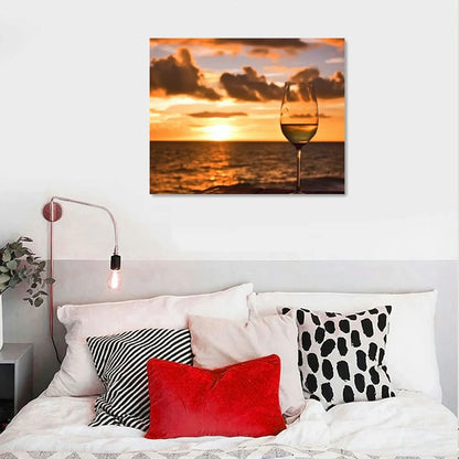 Shiartex Wall Art Painting Pictures Glass of white wine on the beach at sunset Sundowners Framed Poster Prints on Canvas Artwork for Living Room Bedroom Home Office Decor 20x16 Inch