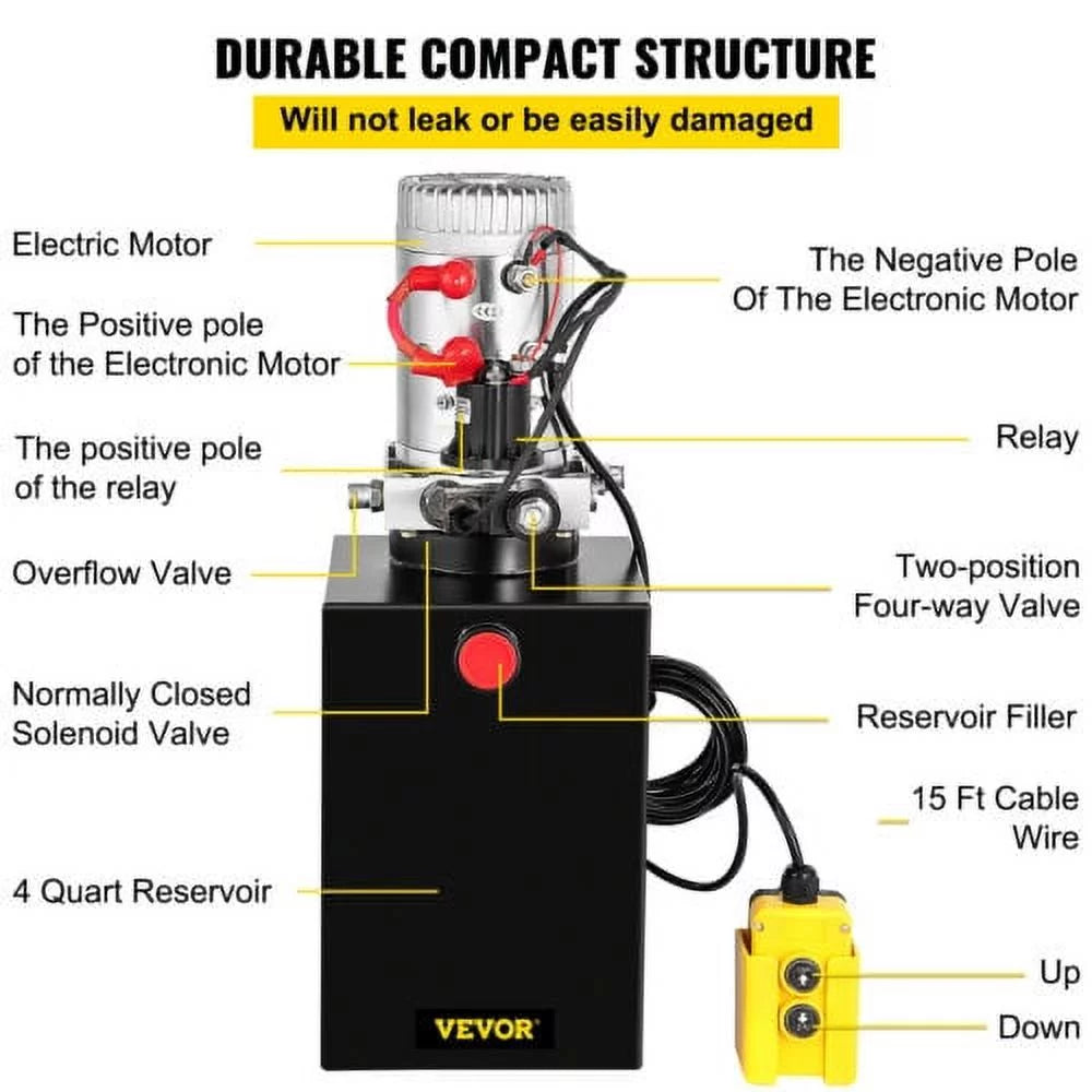 VEVOR Hydraulic Pump 13 Quart Dump Trailer Single Acting Power Unit 12V,with Control Remote 3200PSI Steel Reservoir 12 Volt Black