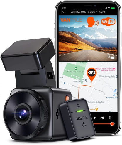 Vantrue E1 2.7K WiFi Mini Dash Cam with GPS and Speed, Voice Control Front Car Dash Camera, 24 Hours Parking Mode, Night Vision, Buffered Motion Detection, APP, Wireless Controller, Support 512GB Max