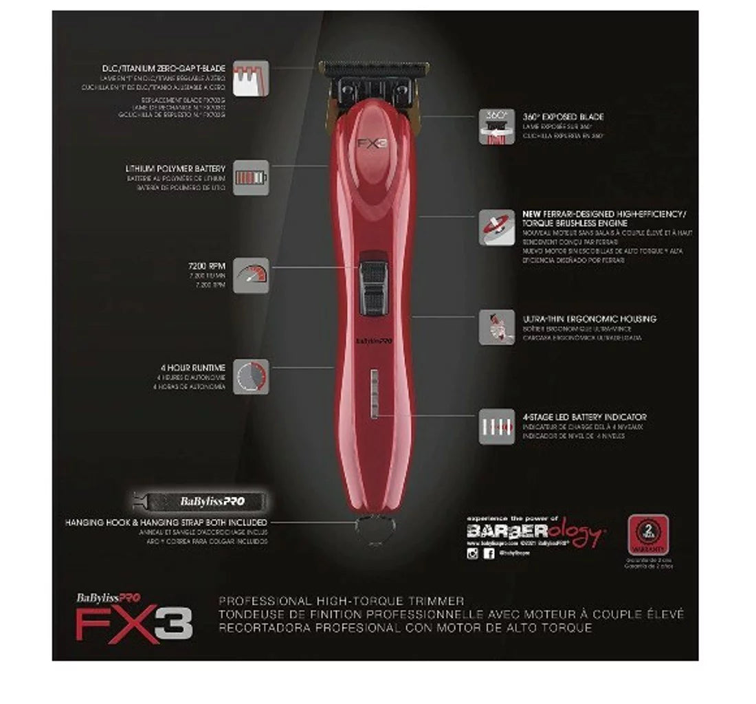 BaByliss Pro FX3 Red High-Torque Cordless Zero-Gap T-Blade Hair Trimmer #FXX3T