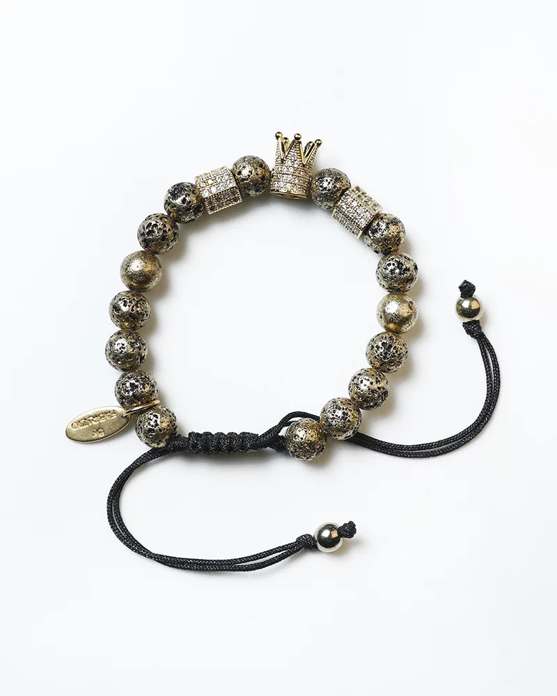 By Fabrizio Design Cagliari Adjustable Bracelet in Rose Gold Volcanic Rock, Crown Charm, and Hexagons for Men & Women