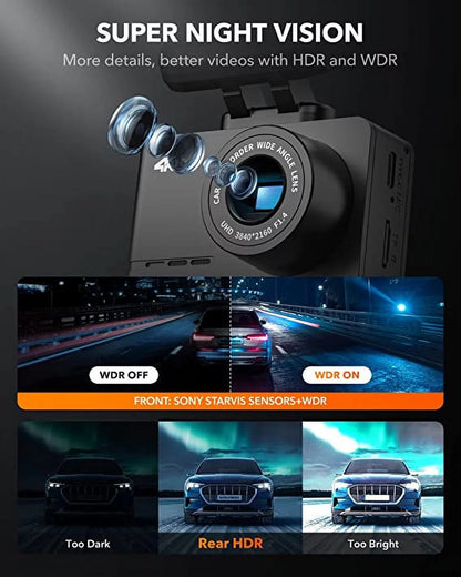 WOLFBOX Dash Cam Front and Rear, 4K Dashcam for Cars with WiFi GPS, 4K/2.5K Dash Cam Front+ 1080P Rear with 2.45" LCD, Night Vision, Loop Recording, Parking Monitor