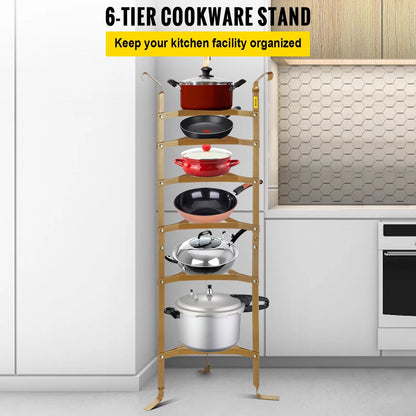 6-Tier Cookware Stand, Carbon Steel Multi-Layer Pot Rack, 61-inch Cookware Shelf, Copper Cookware Storage Tower, Unassembled Kitchen Corner Shelf Rack for Pans, Pots, Baskets Kettles Storage