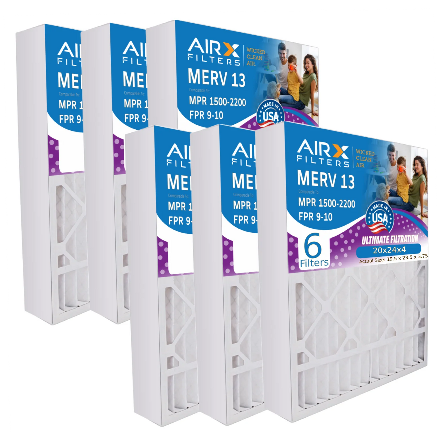 20x24x4 Air Filter MERV 13 Comparable to MPR 1500 - 2200 & FPR 9 Electrostatic Pleated Air Conditioner Filter 6 Pack HVAC AC Premium USA Made 20x24x4 Furnace Filters by AIRX FILTERS WICKED CLEAN AIR.