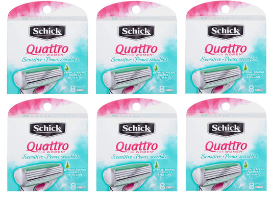 Schick Quattro for Women Sensitive Hypo Allergenic Aloe Refill Blade Cartridges, 8 Count (Pack of 6)