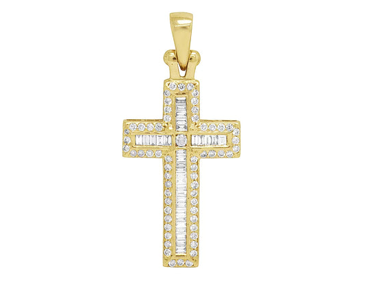 14K Yellow Gold Diamond Baguette Cross 1.25" 0.4CT