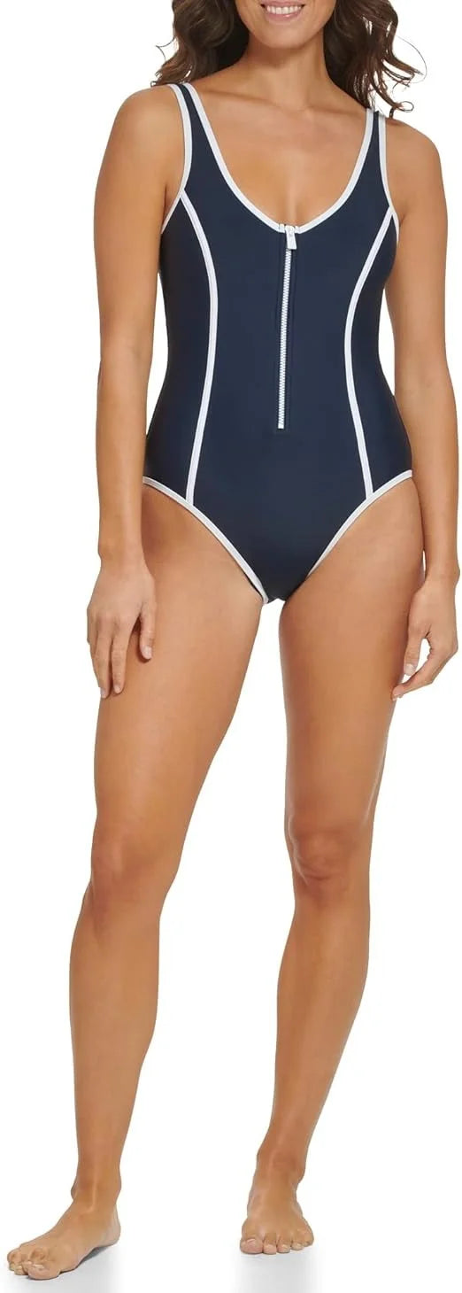 Tommy Hilfiger SKY CAPTAIN Front Zip Deep U Back One Piece Swimsuit, US X-Large