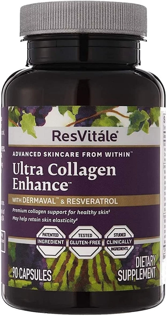 ResVitale Ultra Collagen Enhance - Anti Aging Skin Care and Joint Supplement with Hydrolyzed Collagen Peptides, Hyaluronic Acid, Resveratrol, Grape Seed Extract and Dermaval Bioactive Blend, 90 Caps