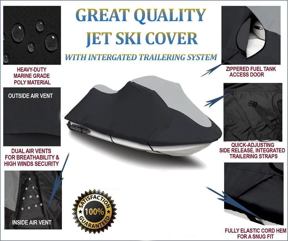 SUPER HEAVY-DUTY TOP OF THE LINE JETSKI Cover Compatible for Yamaha 2002-2005 FX 140 / 2004-20011 HO / 2003-2004 Cruiser Trailerable Jet Ski PWC Cover Black/Grey