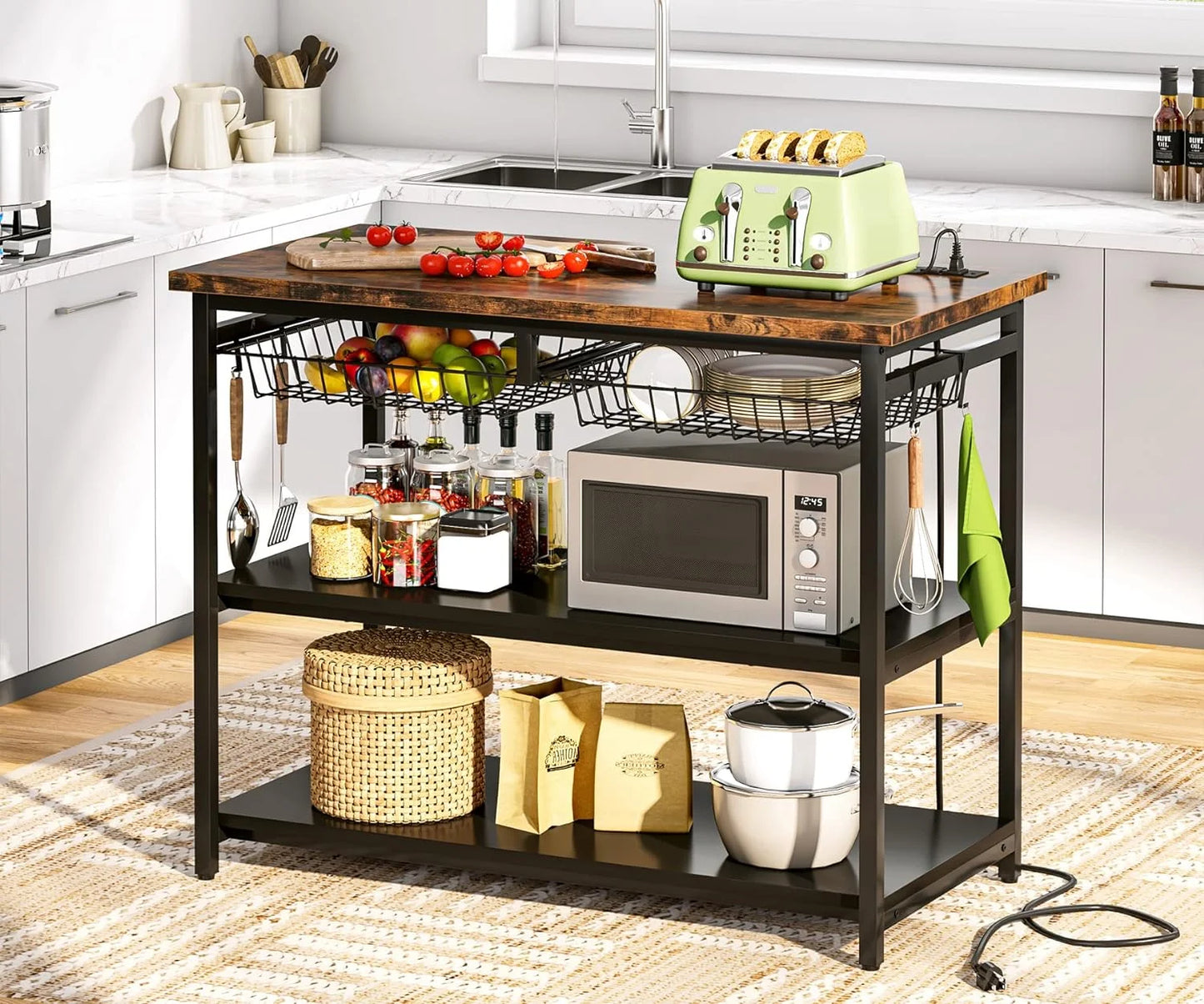 STCKJXX Kitchen Island with Industrial Island Table with Power Outlets and Wire Baskets 3 Tier Microwave Oven Stand Butcher Block Island with Large Worktop 4 Hooks Rustic Brown