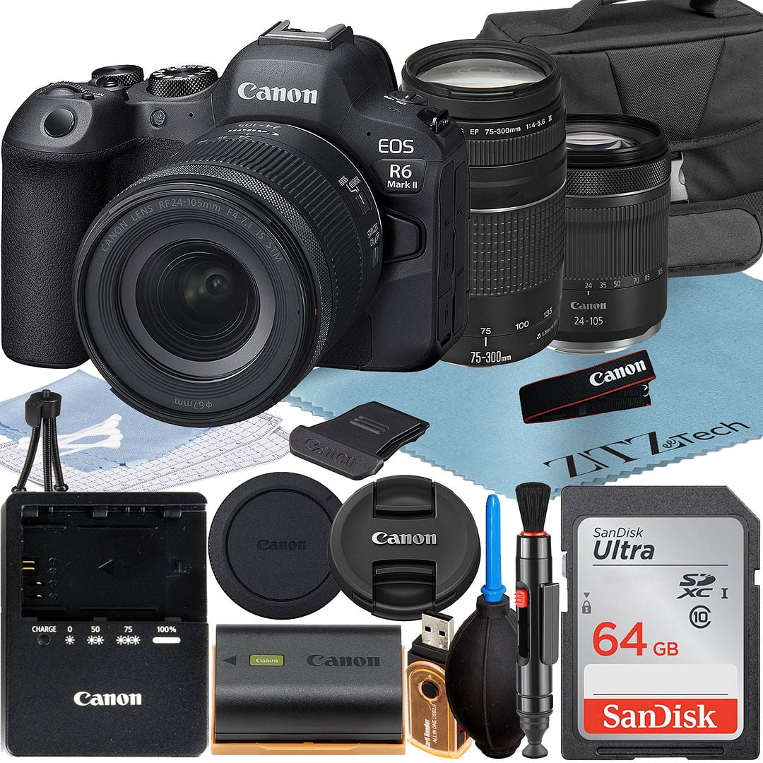 Canon EOS R6 Mark II Mirrorless Camera with RF 24-105mm Lens + EF 75-300mm + SanDisk 64GB Memory Card + Case + LED Flash + ZeeTech Accessory Bundle