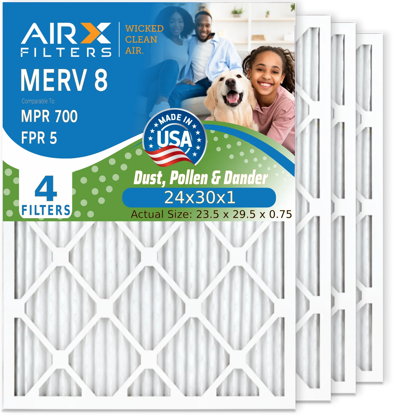 24x30x1 Air Filter MERV 8 Comparable to MPR 700 & FPR 5 Electrostatic Pleated Air Conditioner Filter 4 Pack HVAC AC Premium USA Made 24x30x1 Furnace Filters by AIRX FILTERS WICKED CLEAN AIR.