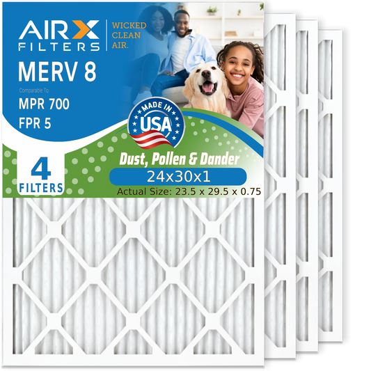 24x30x1 Air Filter MERV 8 Comparable to MPR 700 & FPR 5 Electrostatic Pleated Air Conditioner Filter 4 Pack HVAC AC Premium USA Made 24x30x1 Furnace Filters by AIRX FILTERS WICKED CLEAN AIR.