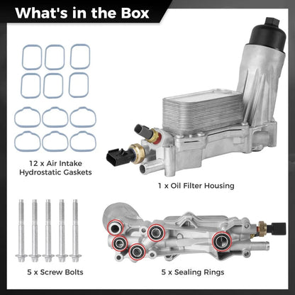 926-959 Engine Oil Filter Housing with Oil Cooler Sensors and Gaskets, Upgraded Vehicle Assembly Aluminum Kit Compatible with 11- 16 Jeep Dodge Chrysler, 68105583AF 68105583AE