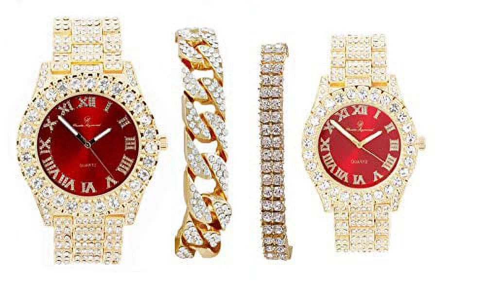 Bling'ed Out King and Queen Hip Hop Watch Set Perfect for Power Couples to Flaunt On and Off The Dance Floor - ST10325/ST10364 His&Hers (ST10327GldRed)