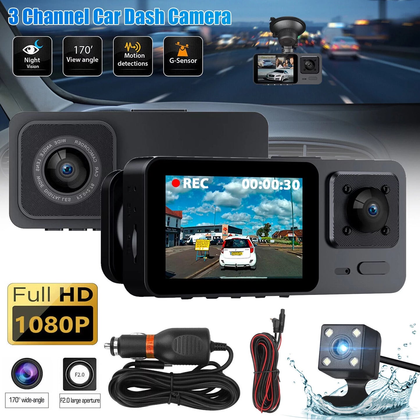 1080P 3 Lens Car DVR Dash Cam Front Rear Inside Camera Video Recorder G-Sensor