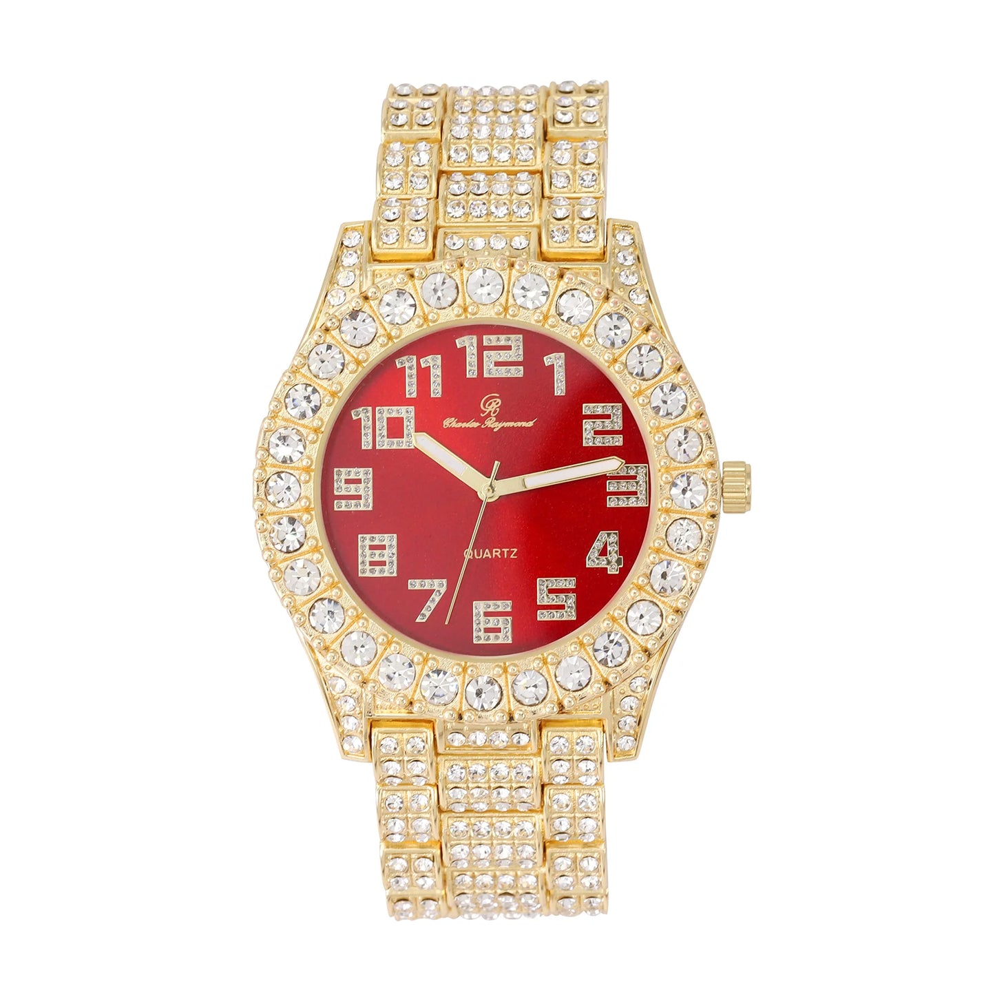 Charles raymond Mens Big Rocks with Numerals Fully Iced Out Colorful Dial Blinged Out Hip Hop Watch - ST10327AR Single Gold Blood Red