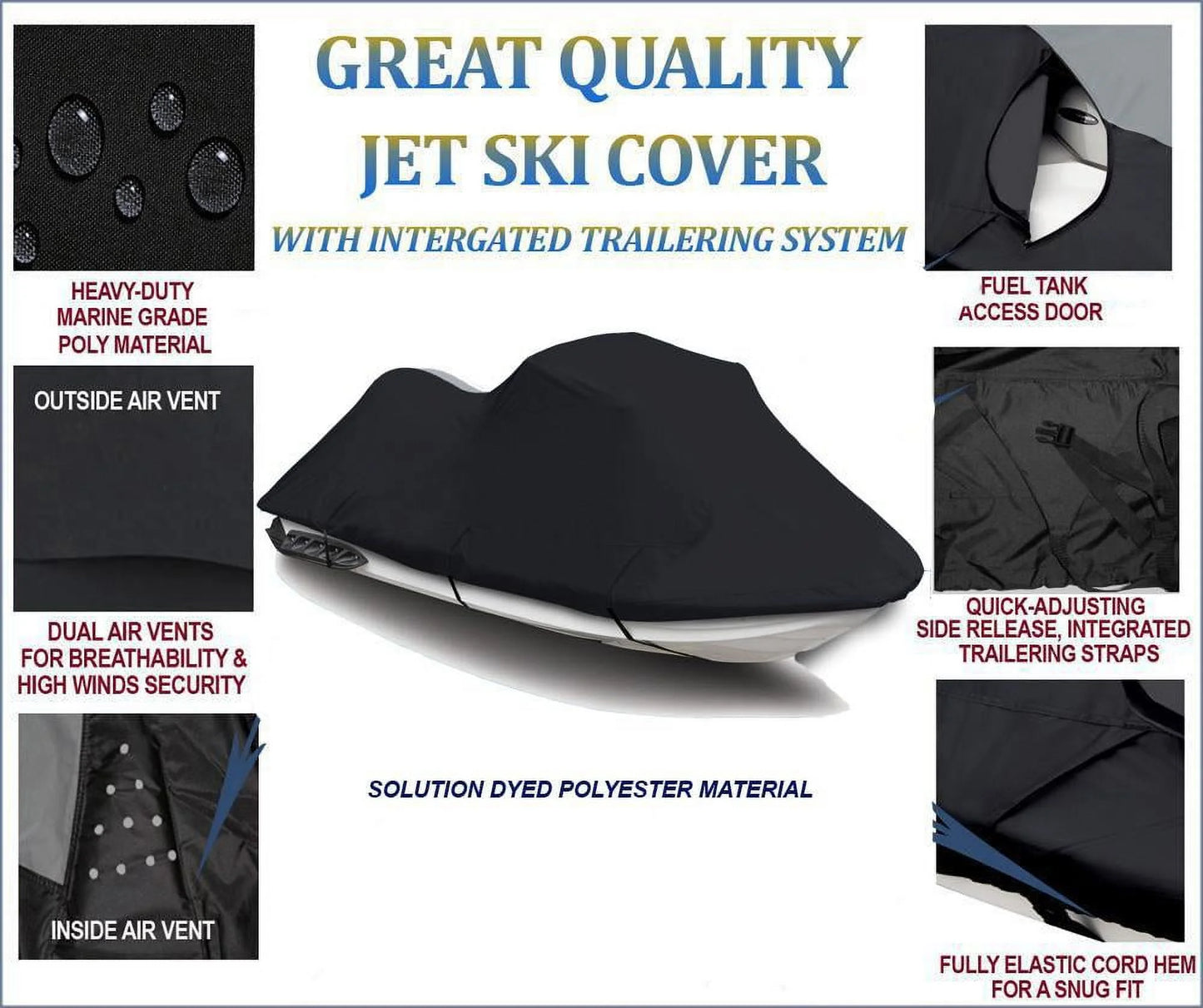 BLACK 600 DENIER JetSki Cover Compatible for Jet Ski Cover Jetski Waverunner PWC Yamaha VXS 2015 2016