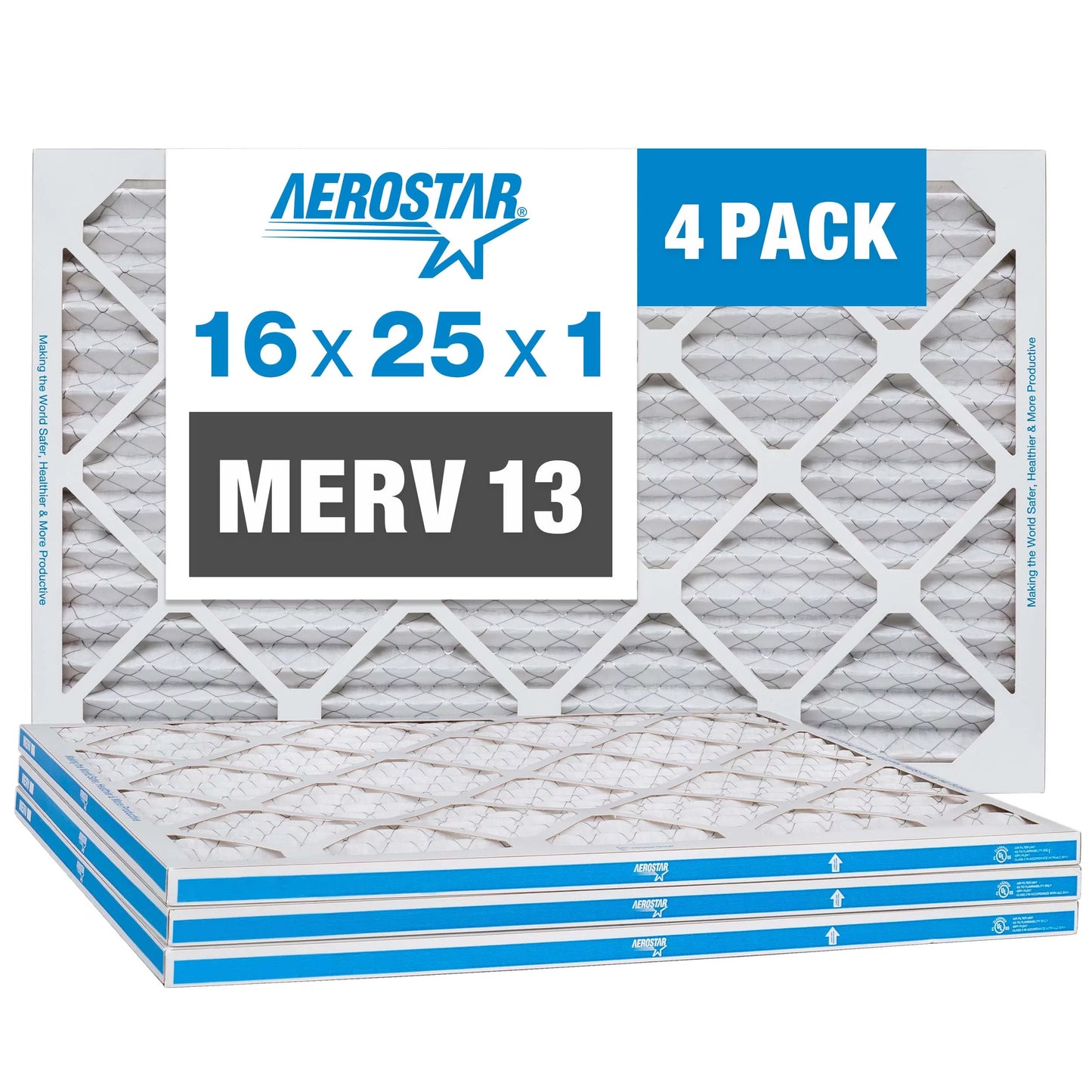 Aerostar 16x25x1 MERV 13, Pleated Air Filter, 16x25x1, Box of 4,