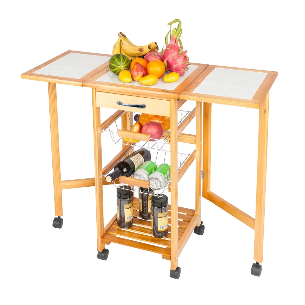 Zimtown Drop Leaf Kitchen Island Trolley Cart with Storage Drawers Basket,Folding Rolling Protable