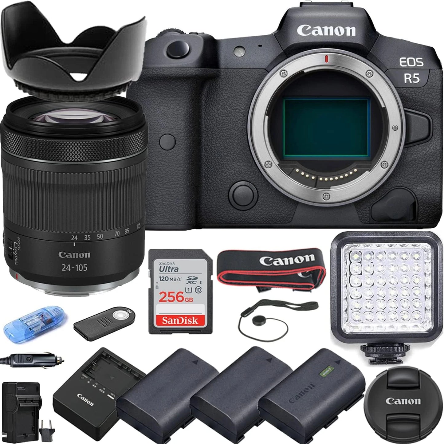 Camera Bundle for Canon EOS R5 Mirrorless Camera with RF 24-105mm f/4-7.1 IS STM Lens, 3 Batteries, LED Light, 256Gb High Speed Memory Card + Accessories Kit