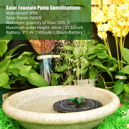 6W Colorful Solar Fountain Pump With Rotatable Nozzle RGB Solar Pump With Battery Auto-Shut off 9 Inch Fountain for Bird Bath Garden Small Pond