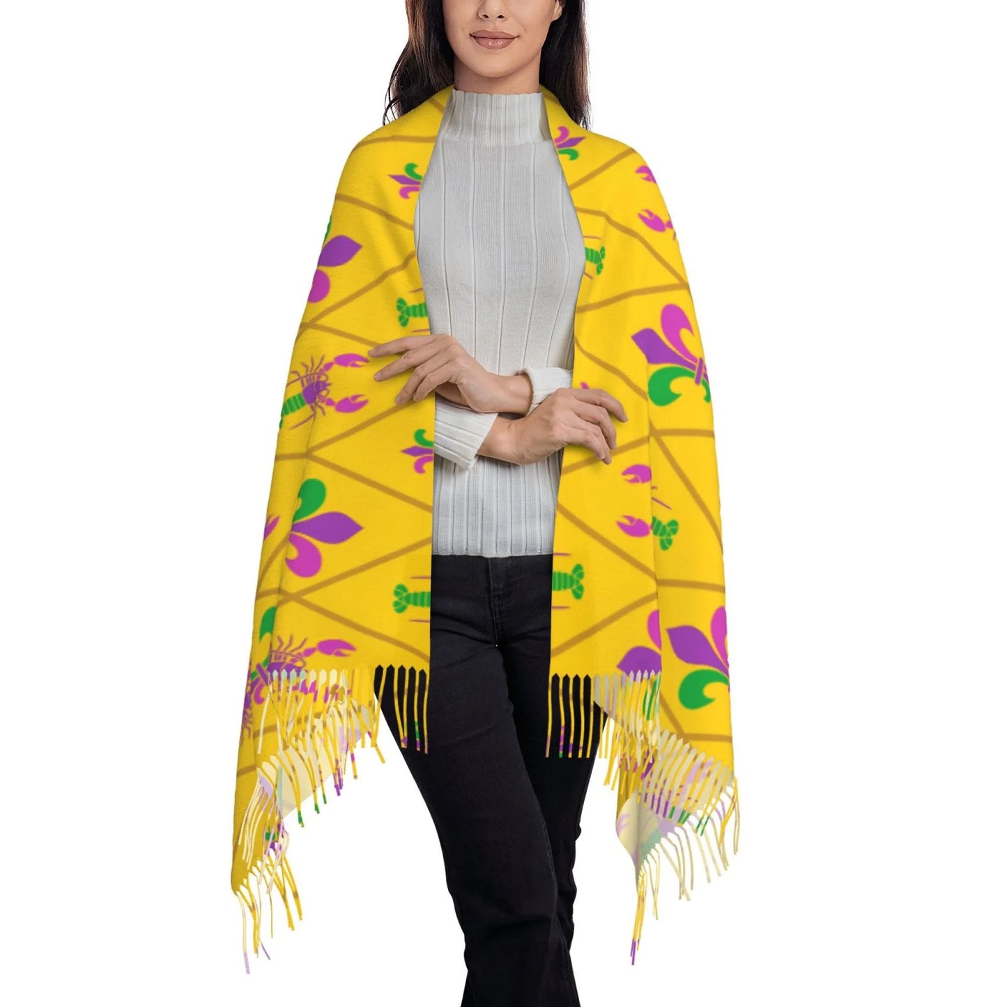 Bingfone Soft Cashmere Feel Scarf For Women Elegant Art Print Winter Warm Scarves Large Shawl Wrap Gifts- Mardi Gras Crayfish and Fleur de lis