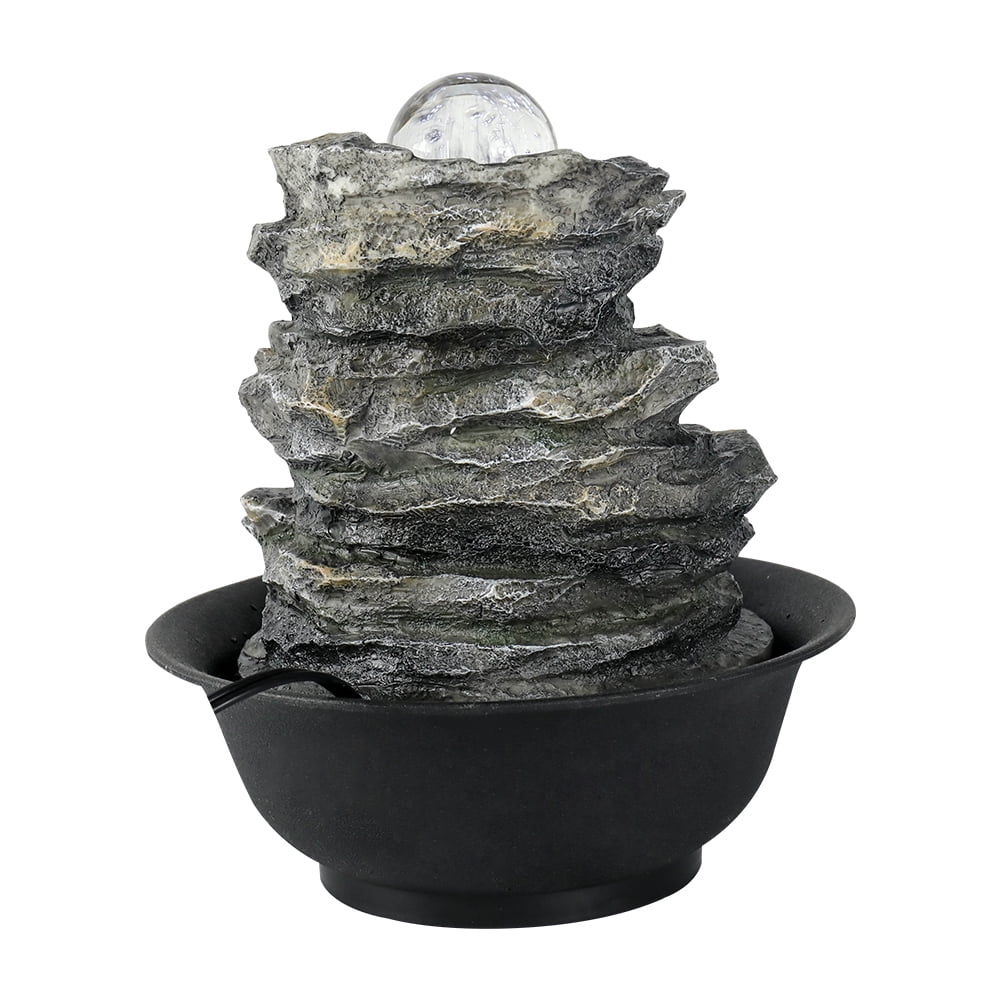 8.3-inch High 4-Tier Cascading Rock Falls Tabletop Water Fountain with LED Lights for Home and Office Decor