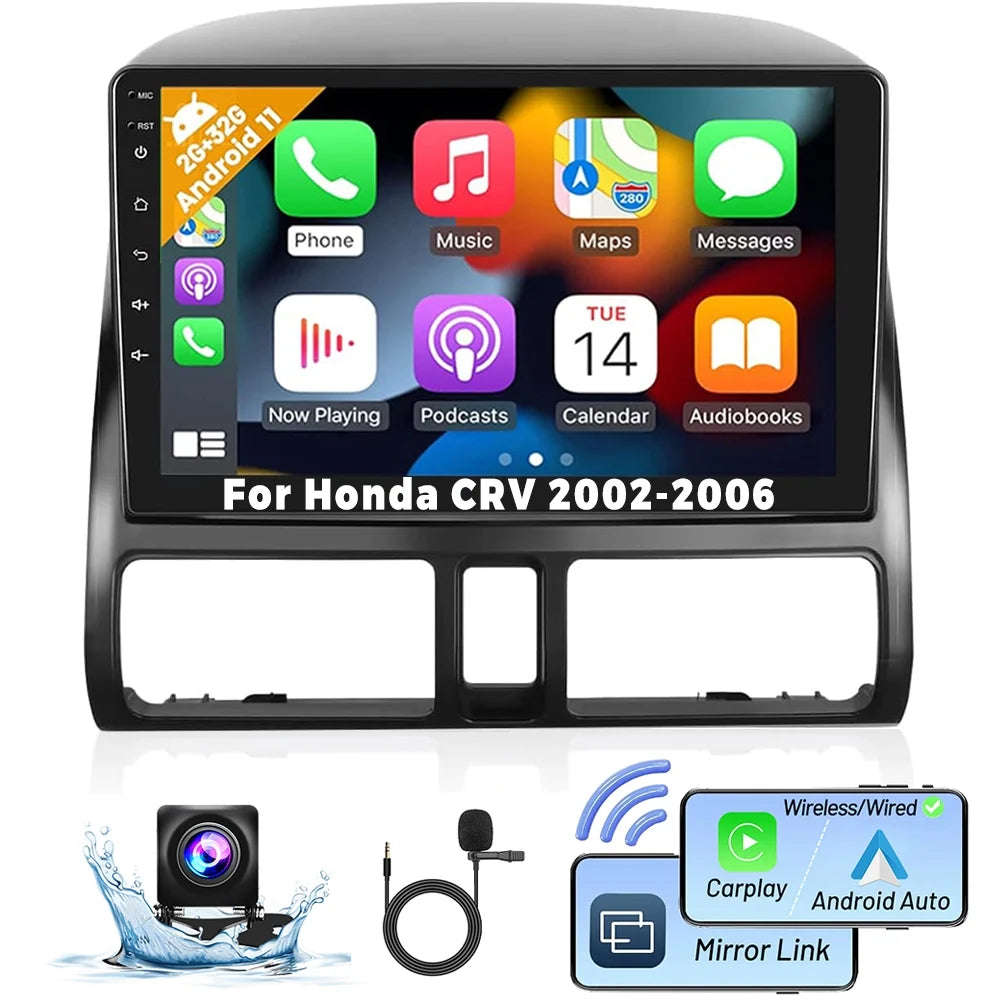 2+32G for Honda CRV 2002-2006 Wireless Carplay Android Auto Mirror Link 9'' Touchscreen Car Stereo Radio Player Bluetooth 1080P WIFI Hifi GPS FM Usb, AHD Backup Camera&Microphone