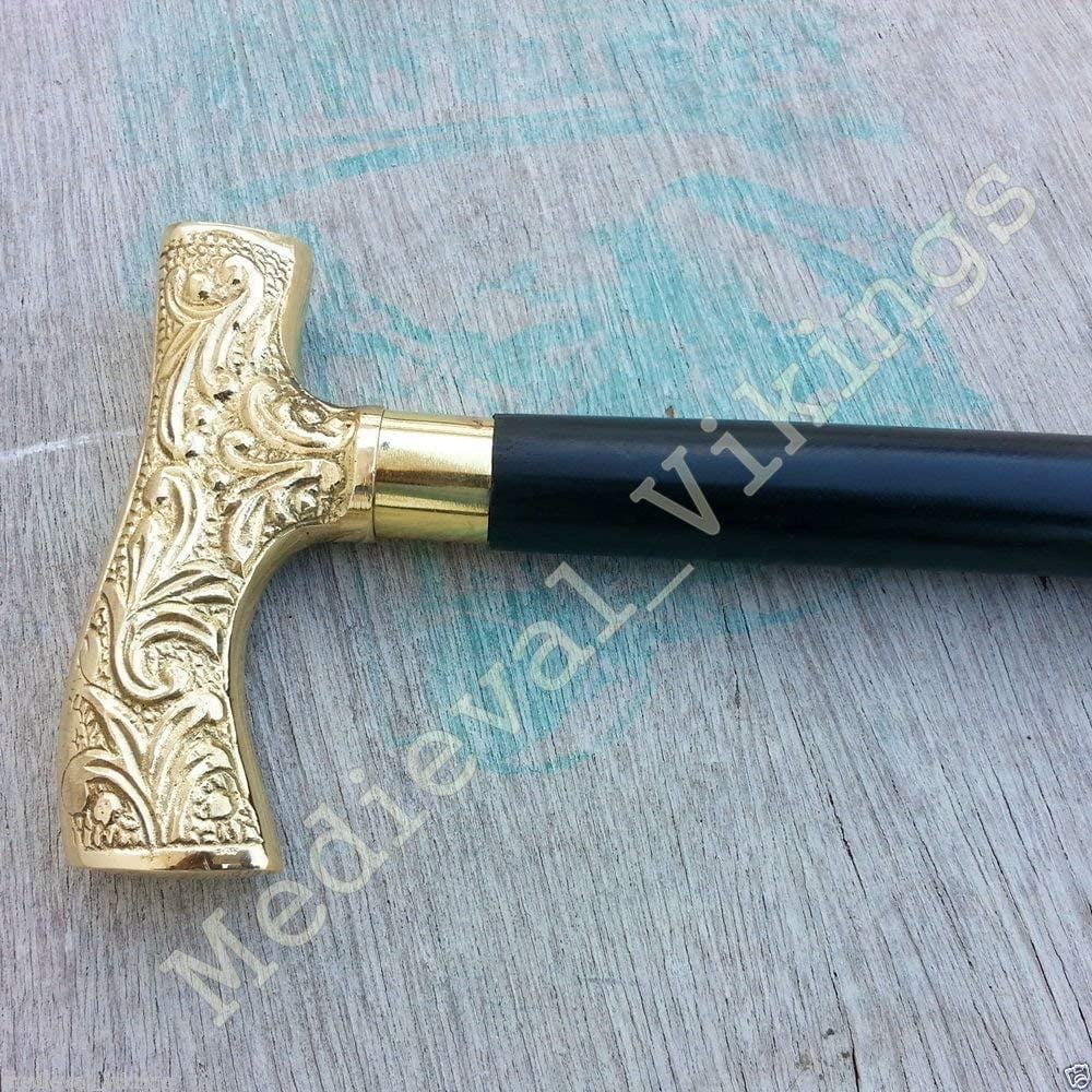 36" Black Walking Stick With Brass Polished Decorative Handle