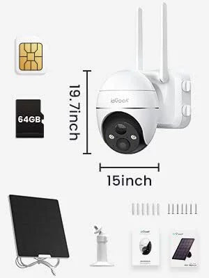 3G/4G LTE Cellular Security Camera Wireless, Outdoor, Solar Powered, 2K QHD, 360° PTZ, No WiFi Surveillance Camera, Color Night Vision, SIM&64GB SD Card Included