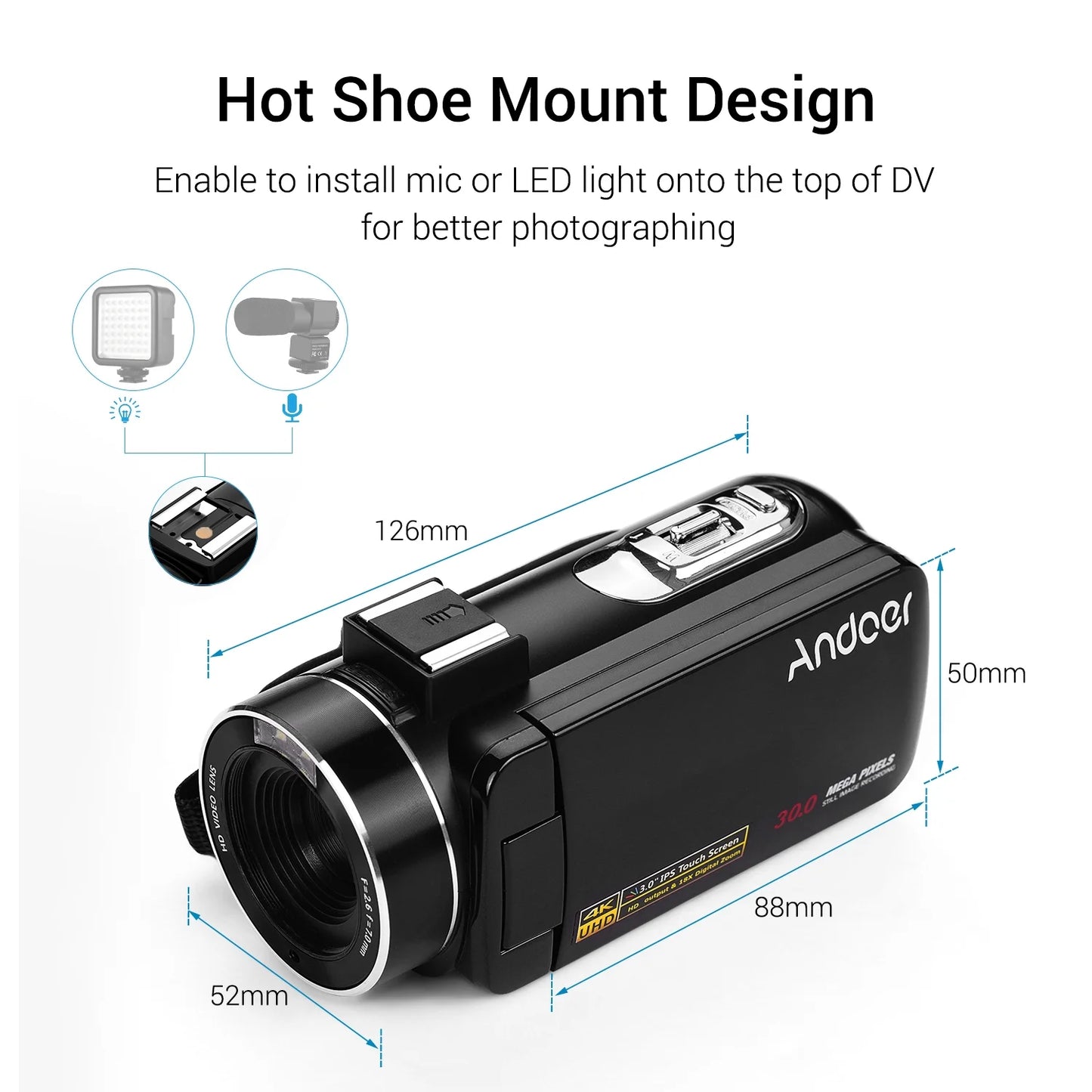 Andoer Video Camera,Handheld DV Lens ro Mount Burst Function 3.0 Inch IPS Professional Mount 3.0 Inch Video Camera 0.45X Wide Lens IPS Monitor 3.0 inch IPS 18X 3.0 inch Sh QISUO DV Mount Burst ERYUE