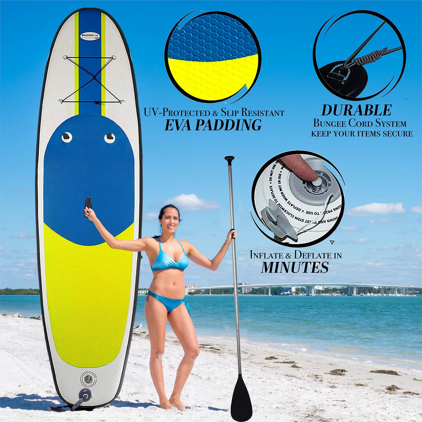 Blue Water Toys Portable Inflatable Stand Up Paddle Board Kit with Pump, Backpack, Coil Leash, and Repair Kit, SUP 350 Pound Limit, 11 Feet by 34 Inches