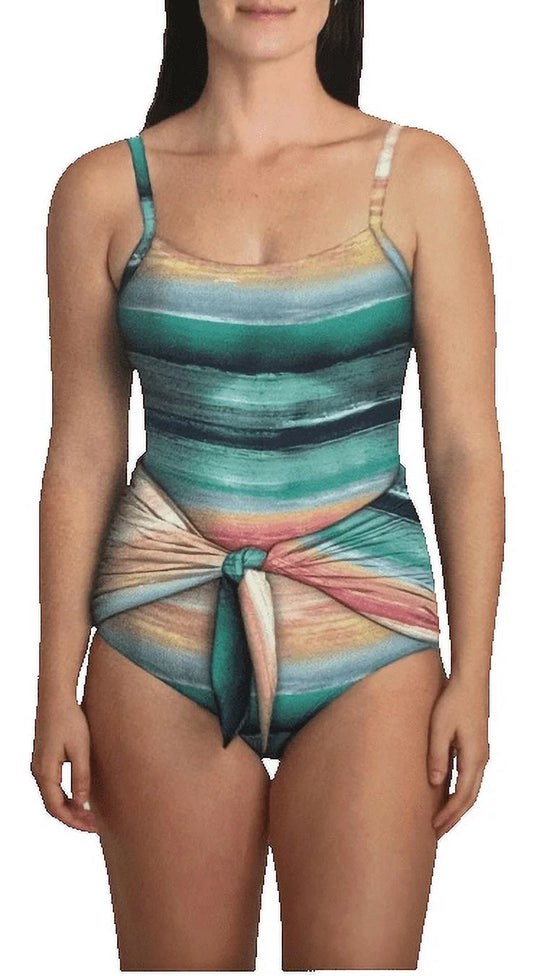 Carole Hochman Ladies' One Piece Tie Front Swimsuit UPF50+ (MULTISTRIPE, L)