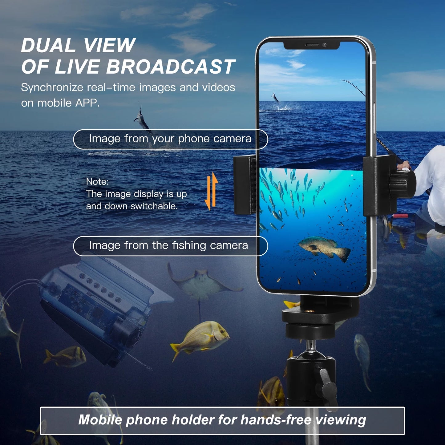 Carevas 1080P Underwater Fishing Camera with APP Control Fishing Live Video Camera Fish Finder with 50M Cable Mobile Phone Holder Bait Cage Carry Case for Ice Lake Sea Boat Kayak Fishing