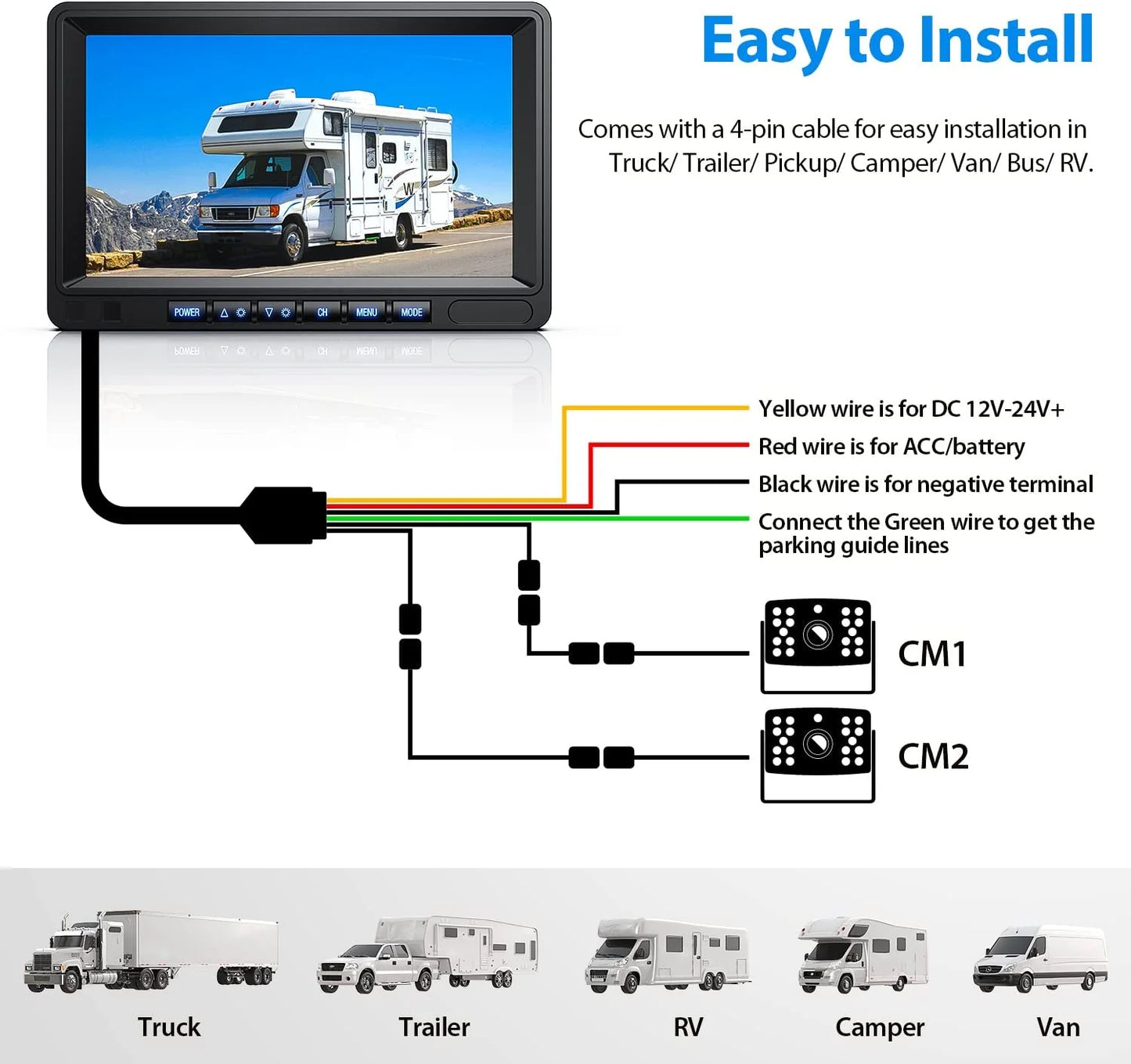 ZEROXCLUB Wired RV Backup Camera Systems, HD 1080P 7'' DVR Touch Button Split Monitor, IP69 Waterproof Clear IR Night Vision Reverse Rear View Camera Kit for RV/Trailer/Semi-Truck/Camper-BY702A