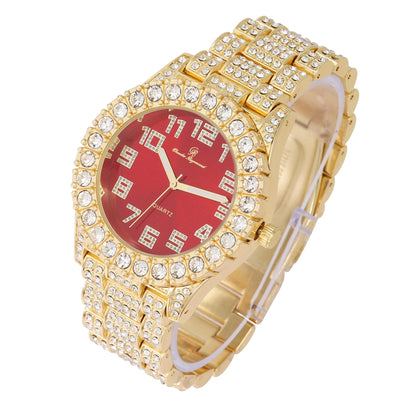 Charles raymond Mens Big Rocks with Numerals Fully Iced Out Colorful Dial Blinged Out Hip Hop Watch - ST10327AR Single Gold Blood Red