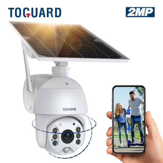 TOGUARD PTZ Security Camera Wireless Outdoor with 15600mAh Battery Solar Panel, Wifi 1080P Dome Surveillance Camera with PIR Motion Detection, Color Night Vision, 2-Way Audio