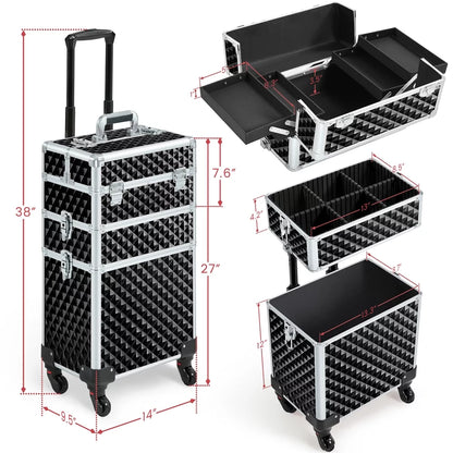 Topeakmart 3-in-1 Rolling Makeup Case Cosmetic Trolley with Large Storage, Black