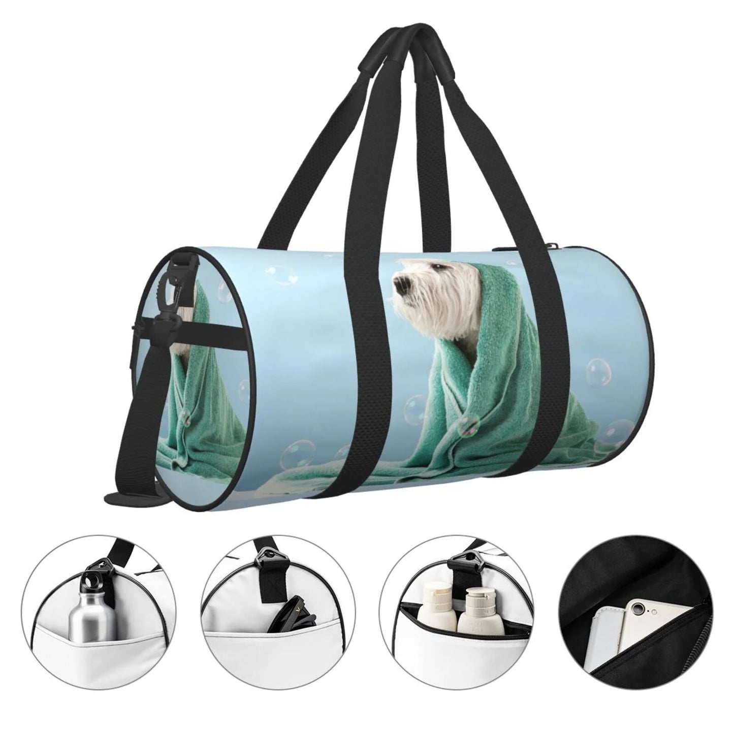 Coaee Dog Wrapped in Towel Large Capacity Travel Luggage Bag Cylinder Gym Bag Waterproof Sports Bag with Pocket and Compartment