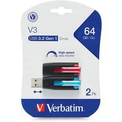 Verbatim 64GB Store 'n' Go V3 USB 3.0 Flash Drive - 2pk - Red, Blue - 64 GB - USB 3.0 - Blue, Red - 2 Pack