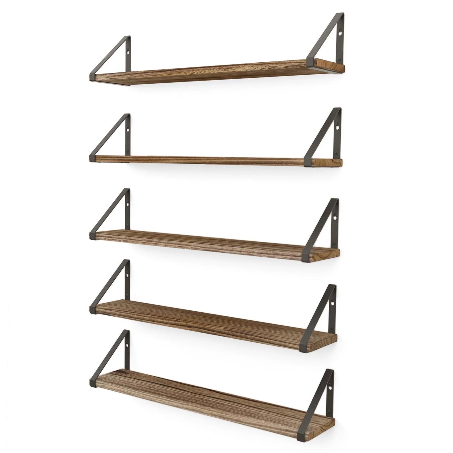 Wallniture Ponza 24" Wall Mounted Rustic Floating Shelf with Brackets for Kitchen Living Room Bedroom, Natural Burned, Set of 5