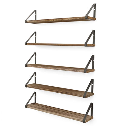 Wallniture Ponza 24" Wall Mounted Rustic Floating Shelf with Brackets for Kitchen Living Room Bedroom, Natural Burned, Set of 5