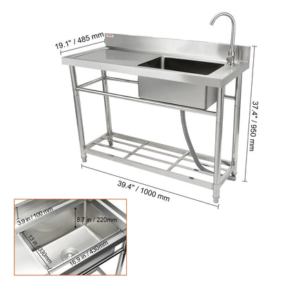 BENTISM Commercial Utility & Prep Sink Single Bowl w/Workbench 39.4 x 19.1 x 37.4 in