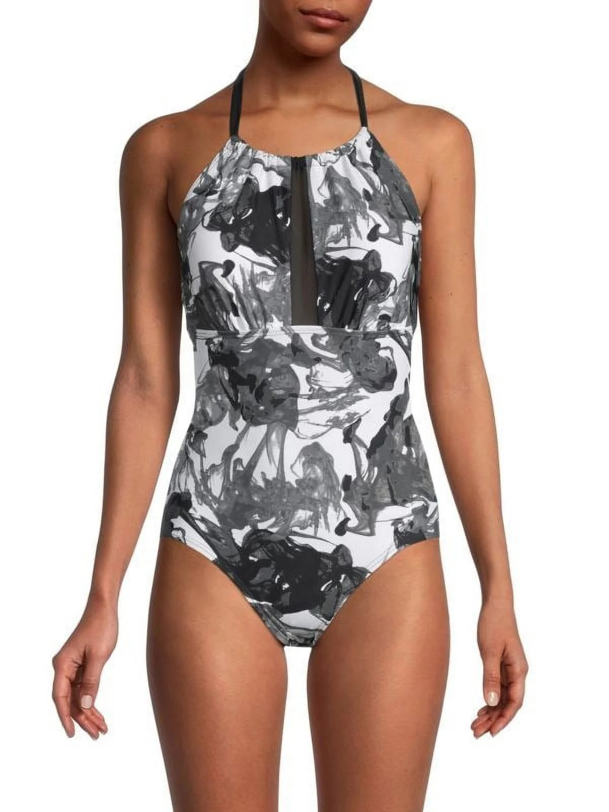 Calvin Klein INK SMOKE BLACK MULTI High-Neck Halter One-Piece Swimsuit, US 16