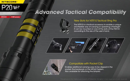 Combo: Nitecore P20 V2 Tactical LED Flashlight - CREE XP-L2 V6 - 1100 Lumens w/NL183 Battery, D2 Charger +2x Free Eco-Sensa CR123A Batteries