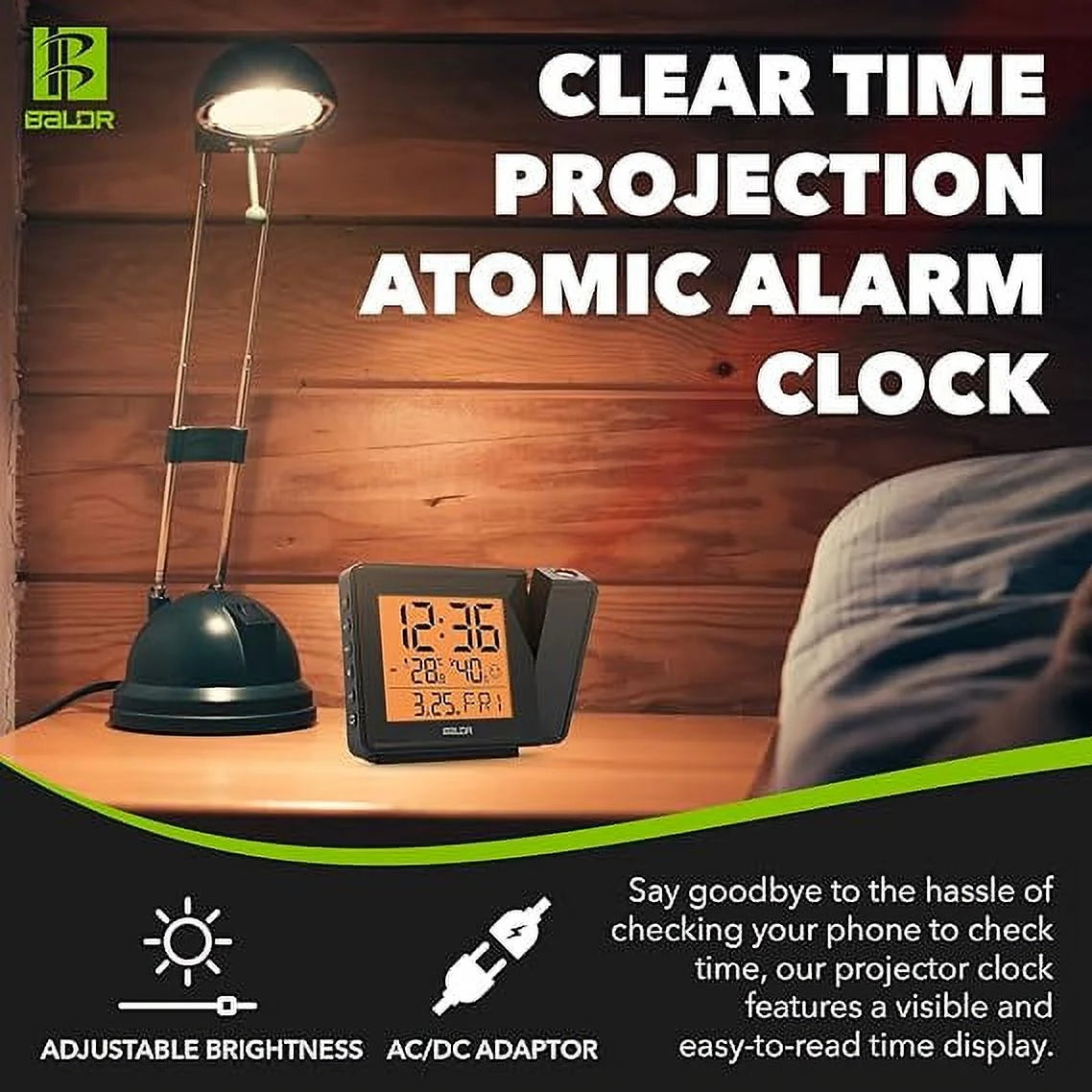 BALDR Digital Time Projection Alarm Clock - Atomic Time Projector on Ceiling Wall (Black)