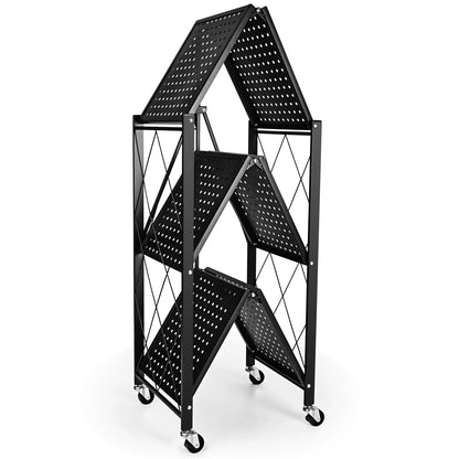 3-Tier Storey Heavy Duty Foldable Metal Rack Storage Shelving Unit with Easy Moving Organizer Shelving Suitable for Garage Kitchen, Black