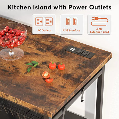 STCKJXX Kitchen Island with Industrial Island Table with Power Outlets and Wire Baskets 3 Tier Microwave Oven Stand Butcher Block Island with Large Worktop 4 Hooks Rustic Brown